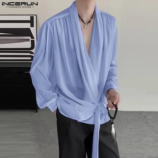 INCERUN Tops 2024 Hommes Printemps Été Nouer En Mousseline De Soie Légèrement Transparent Chemises Décontractées Streetwear Mince Chemisier À Manches Longues S-5XL