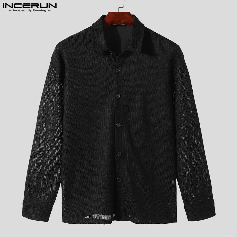 Fashion Well Fitting Tops INCERUN Men's Mesh Hollow Out Knitted Design Shirts Summer Casual Solid Long Sleeved Blouse S-5XL 2024