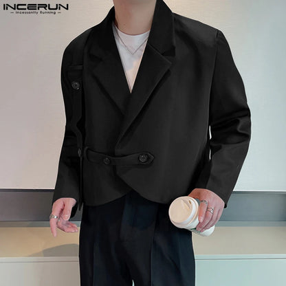 INCERUN Tops 2023 Korean Style Handsome Men's Shoulder Pads Solid Cropped Blazer Casual Streetwear Long Sleeved Suit Coats S-5XL