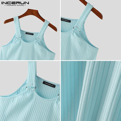 INCERUN Tops 2024 Korean Style Fashion Mens Tight Striped Vests Casual Streetwear Metal Buckle Design Sleeveless Tank Tops S-5XL