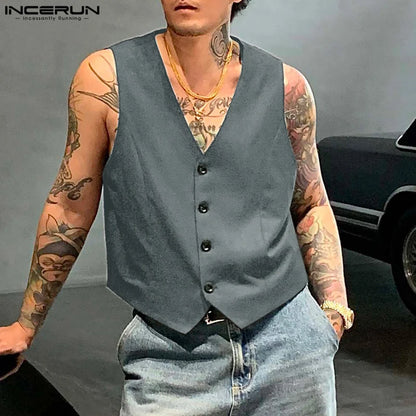 INCERUN Tops 2024 Korean Style Men Retro Sleeveless V-neck Design Vests Casual Streetwear Solid Suits Sleeveless Waistcoat S-5XL