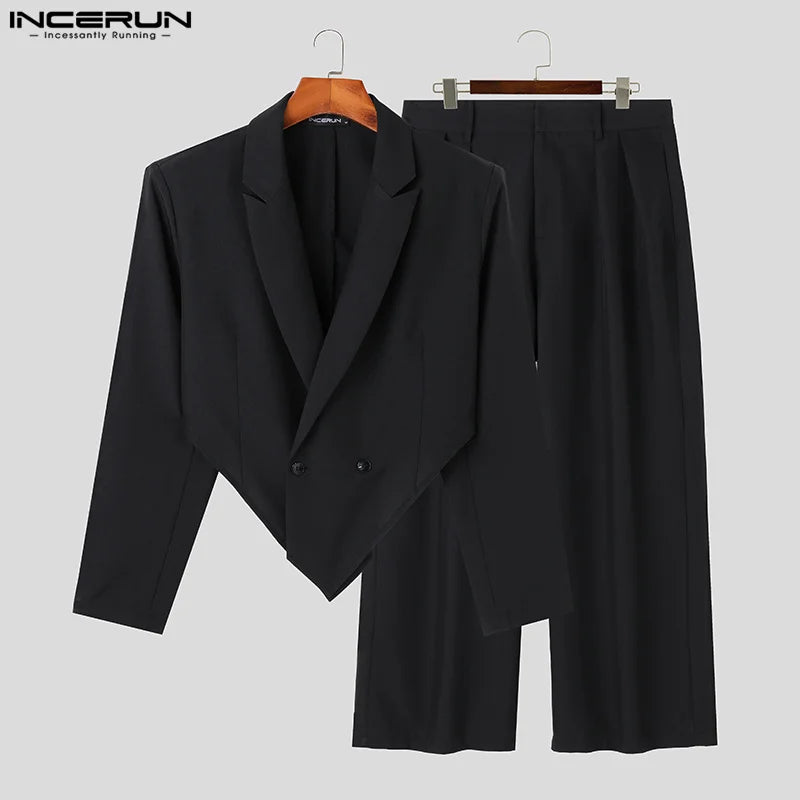 INCERUN 2023 Männer Sets Einfarbig Herbst Revers Langarm Unregelmäßigen Blazer &amp; Hosen 2PCS Streetwear Fashion herren Casual anzüge