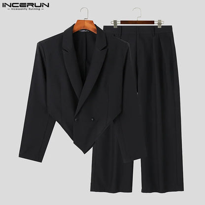 INCERUN 2023 Hommes Ensembles Couleur Unie Automne Revers Manches Longues Irrégulier Blazer &amp; Pantalon 2PCS Streetwear Mode Hommes Costumes Décontractés