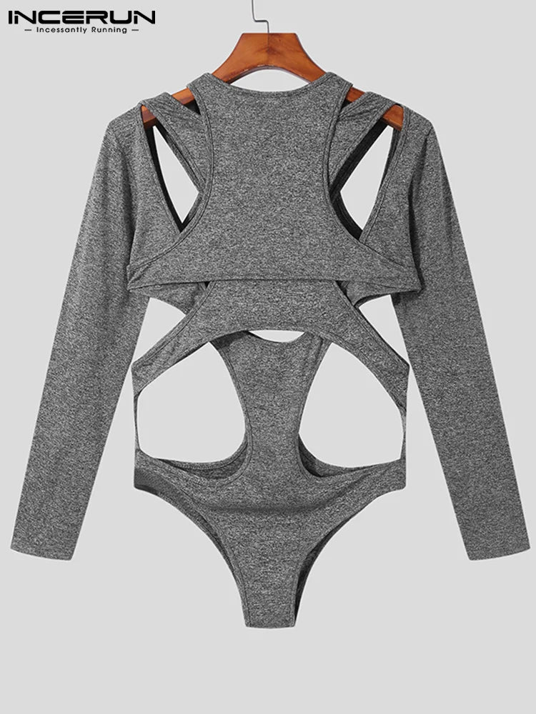 Sexy Leisure Style Loungewear Men's Hollow Onesies Stylish Male Jumpsuit Solid Long Sleeve Triangle Bodysuits S-5XL INCERUN 2023