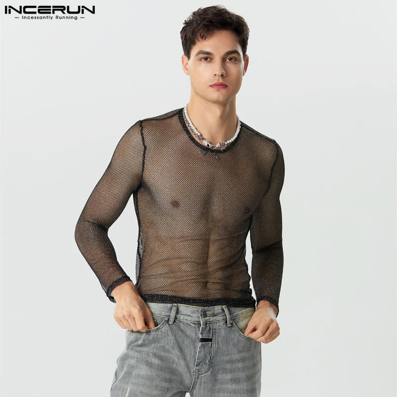 INCERUN Tops 2023 Amerikanischen Stil Neue männer Glitter Mesh Perspektive Camiseta Sexy Männlichen Heißer Verkauf Langarm Dünne T-shirts S-5XL