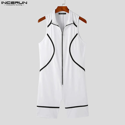 Casual Party Shows Style Jumpsuits INCERUN New Men Fashion Black&White Contrast Rompers Handsome Male Sleeveless Bodysuits S-5XL