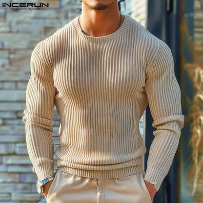 INCERUN Tops 2024 Stylis New Men Tight Fitting Solid Striped Pullover Casual Comfortable Male O-neck Long Sleeved Sweaters S-5XL