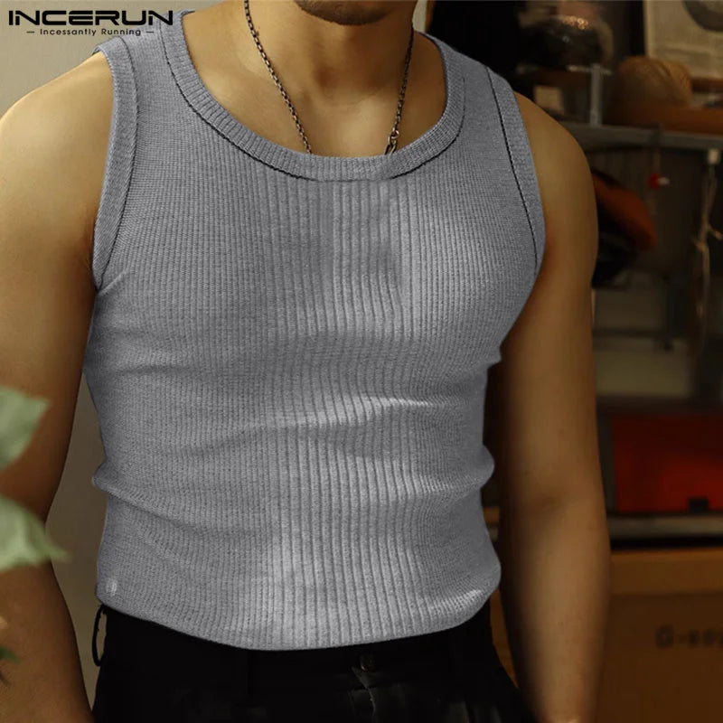 INCERUN Tops 2024 Koreanischen Stil Männer der Pit Streifen Gestrickte Gespleißt Tank Tops Casual Streetwear Männlichen Einfarbig Einfache Westen S-5XL