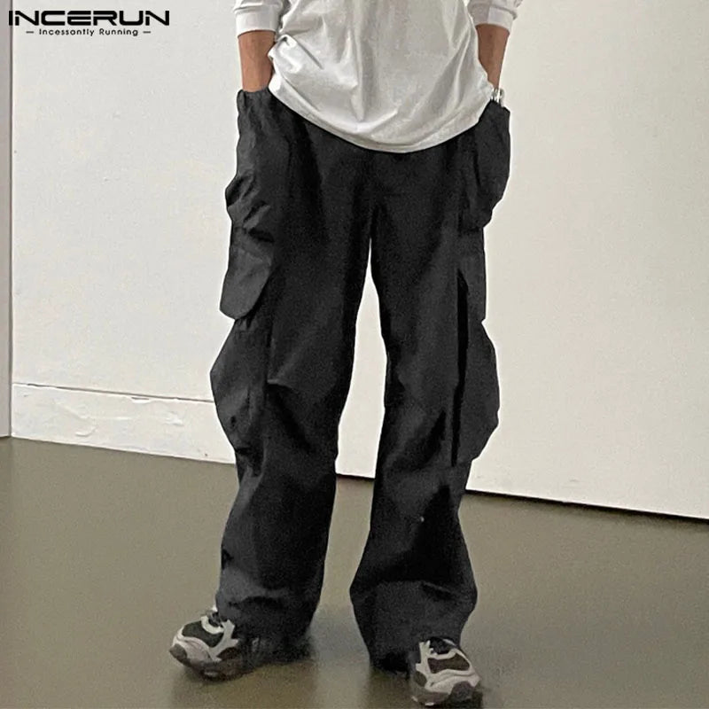 INCERUN 2024 Korean Style Pantalons Men's Multi Pocket Design Trousers Streetwear Male Loose Cargo Straight Leg Long Pants S-5XL