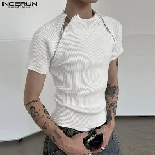 2023 Men T Shirt Solid Color O-neck Short Sleeve Men Clothing Streetwear Zipper Fitness Knitted Casual Tee Tops S-5XL INCERUN