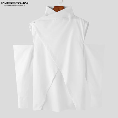 INCERUN Tops 2023 Style américain Nouvelle mode pour hommes Chemises de conception croisée Personnalité Épaule Solide Creux À Manches Longues Chemisier S-5XL