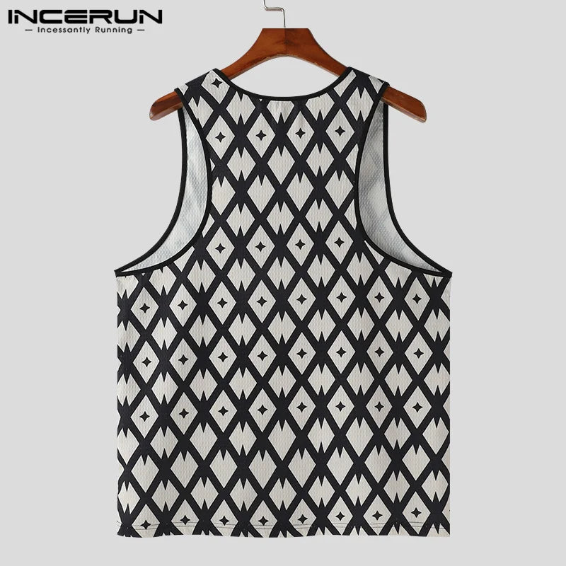 INCERUN Tops 2024 Korean Style New Men's Textured Diamond Grid Design Vests Casual Streetwear V-neck Sleeveless Tank Tops S-5XL