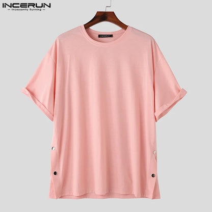 Fashion Casual Style Tops INCERUN Mens Split Breasted Loose Design T-shirts Summer Male Solid Medium Sleeved Camiseta S-5XL 2024