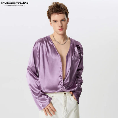 INCERUN Tops 2024 Korean Style Fashion Men's Satin Floral Decoration Shirts Sexy Male Hot Sale V-neck Short Sleeved Blouse S-5XL