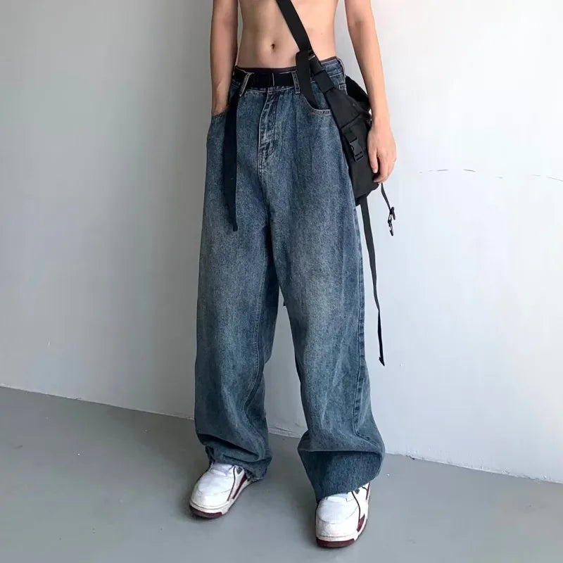 HOUZHOU Baggy Jeans Men Y2K Oversize High Waist Denim Pants Male Streetwear 90S Wide Leg Trousers Hip Hop Japanese Casual