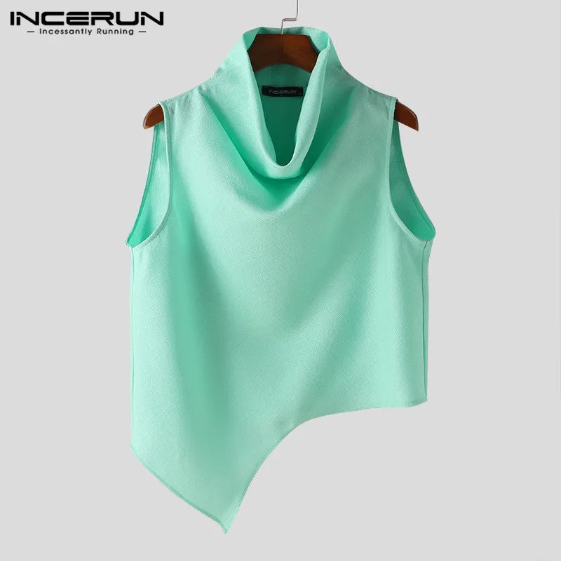 INCERUN Tops 2024 Korean Style New Mens Swing Collar Texture Irregular Hem Vests Casual Clubwear Male Sleeveless Tank Tops S-5XL