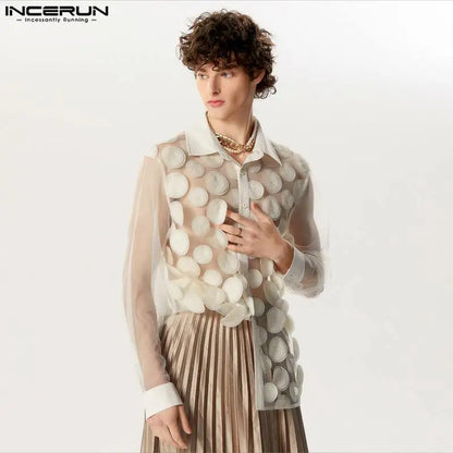 INCERUN Tops 2024 American Style Men's Personalized Petal Mesh Design Shirts Fashion Party Shows Thin Long Sleeved Shirts S-5XL