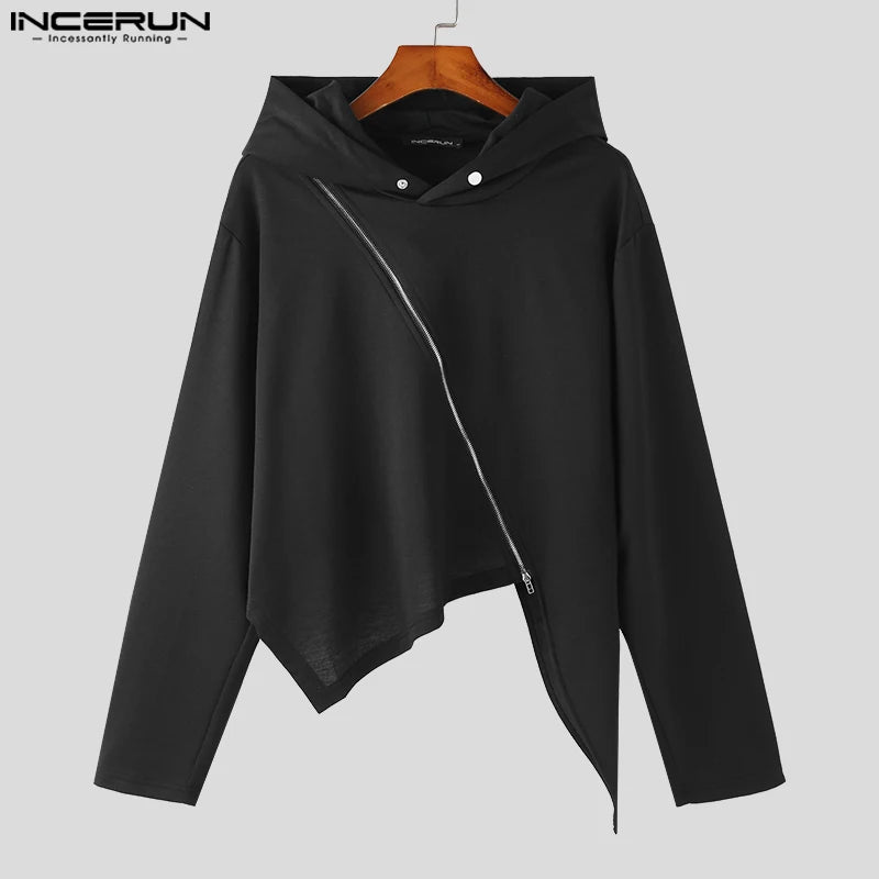 INCERUN Tops 2023 Korean Style Mens Irregular Diagonal Zipper Design Hoodie Leisure Male Solid Hooded Long Sleeved Sweater S-5XL