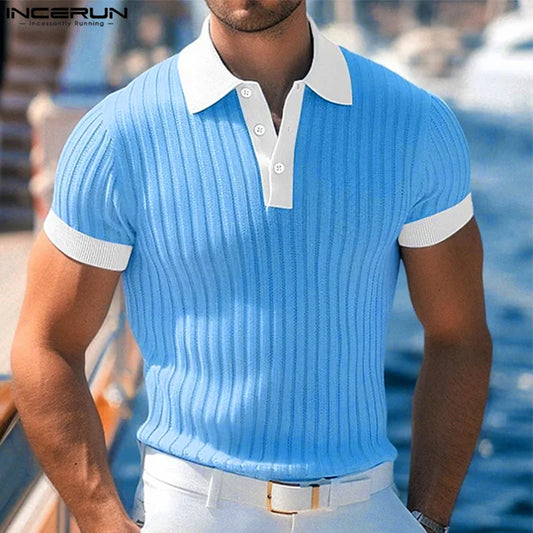 Fashion Casual Style Tops INCERUN New Men's Tight Striped Contrast Shirts Streetwear Male Hot Selling Short Sleeved Blouse S-5XL