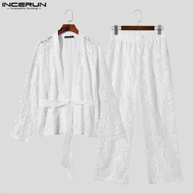 INCERUN 2024 American Style Men's Sexy Sets Long Sleeved Cardigan Long Pants Stylish Male Lace Strap Design Suit 2 Pieces S-5XL