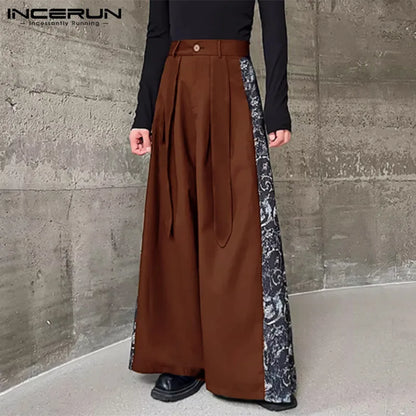 INCERUN 2024 Korean Style Trousers New Men's Printed Patchwork Wide Leg Skirts Pants Casual Personality Hot Sale Pantalons S-5XL