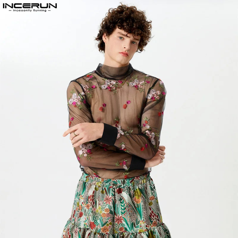 INCERUN Tops 2024 New Men Embroidered Flower Perspective Mesh Shirts Sexy Stylish Male Thin Long Sleeved Tie Collar Blouse S-5XL