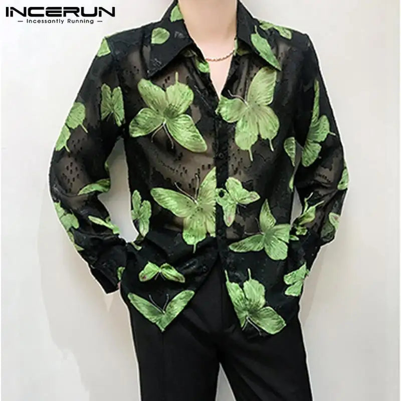 INCERUN Tops 2024 Korean Style Fashion Men's Funny Printed Pattern Shirt Casual Streetwear Perspective Long Sleeved Blouse S-5XL