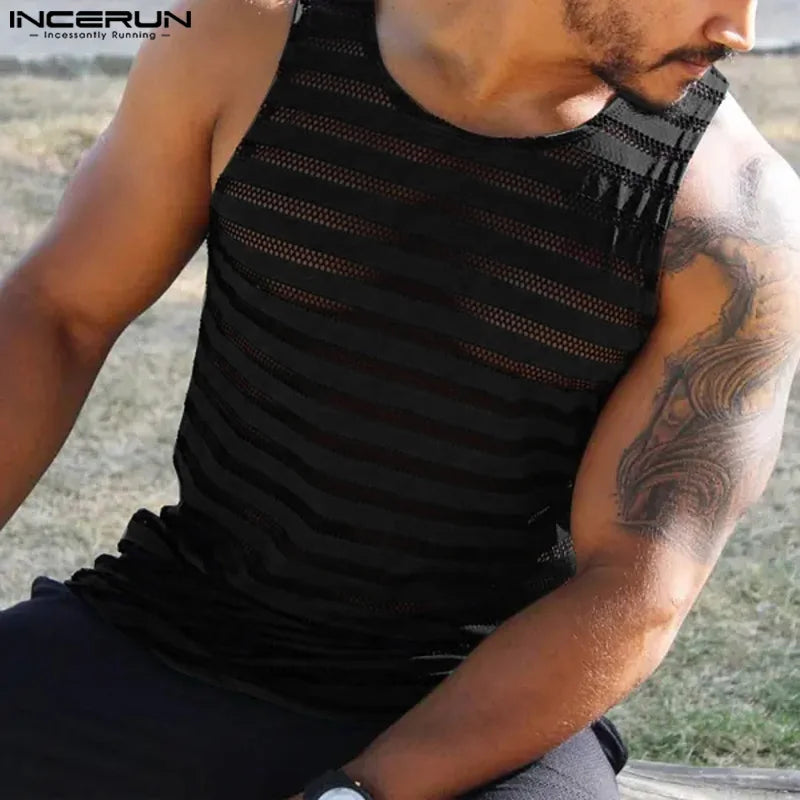 INCERUN Tops 2024 American Style Fashion Men's Horizontal Striped Mesh Vests Summer Casual Streetwear Sleeveless Tank Tops S-5XL