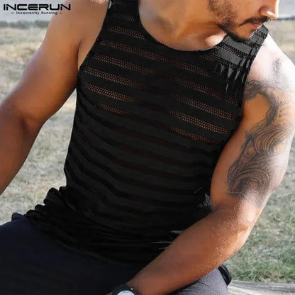 INCERUN Tops 2024 Amerikanischen Stil Mode für Männer Horizontal Gestreiften Mesh Westen Sommer Casual Streetwear Ärmellose Tank Tops S-5XL