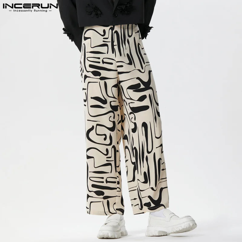 INCERUN 2024 American Style New Men's Trousers Printing Pattern All-match Pantalons Casual Streetwear Wide Leg Long Pants S-5XL