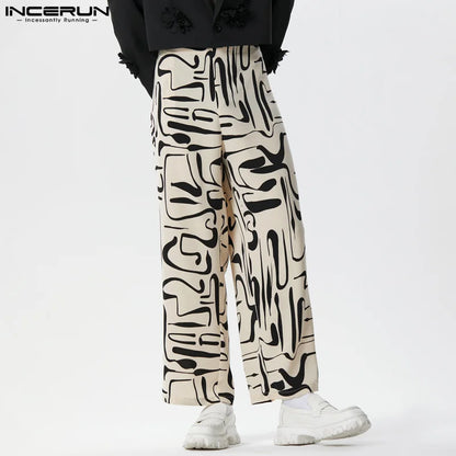 INCERUN 2024 Neue Herrenhose im amerikanischen Stil mit Druckmuster, Allgleiches, Pantalons, lässige Streetwear, breite Beinhose, lange Hose, S-5XL