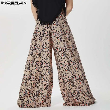 INCERUN 2024 American Style Pantalons Men Ethnic Printed High Waisted Silhouette Pants Casual Well Fitting Loose Trousers S-5XL