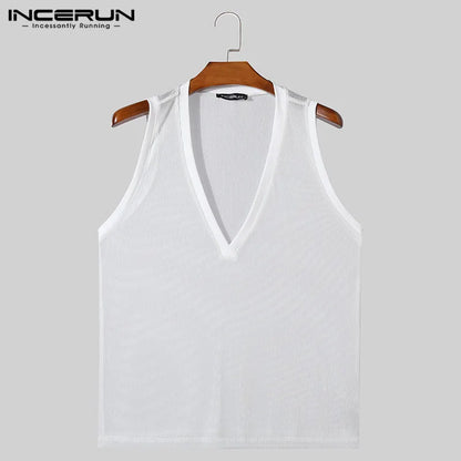 INCERUN Tops 2024 Korean Style Men Deep V Vertical Stripe Knitted Hollow Tank Tops Casual Streetwear Thin Sleeveless Vests S-5XL