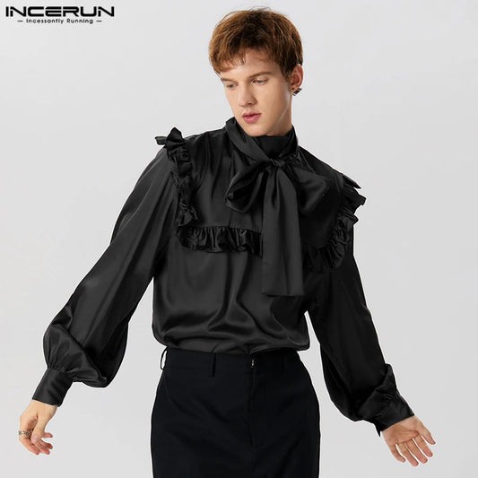 INCERUN Tops 2023 American Style New Men's Satin Tie Ruffle Design Shirts Casual Fashion Palace Style Long Sleeved Blouse S-5XL