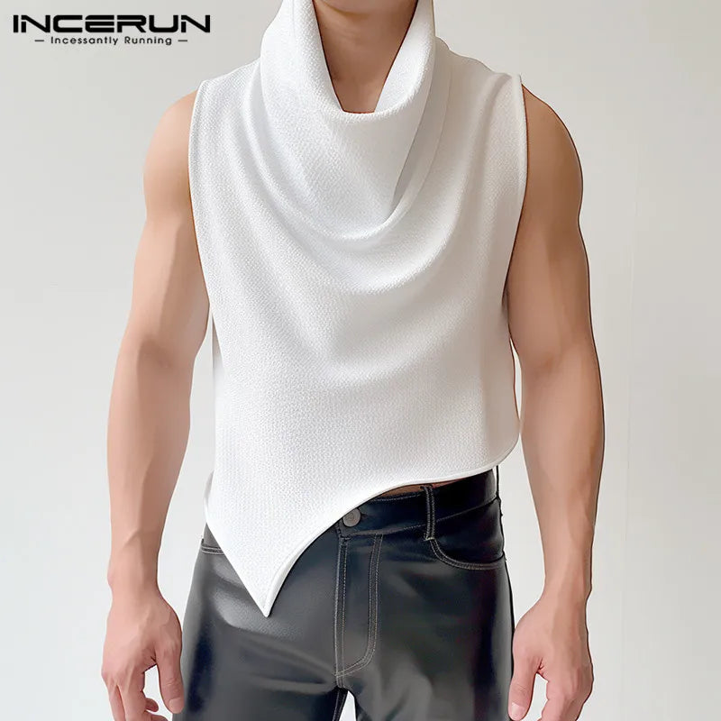 INCERUN Tops 2024 Korean Style New Mens Swing Collar Texture Irregular Hem Vests Casual Clubwear Male Sleeveless Tank Tops S-5XL