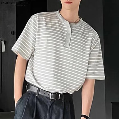 INCERUN Tops 2024 Korean Style Stylish New Men Striped Half Open Design T-shirt Summer Leisure Male Short Sleeved Camiseta S-5XL