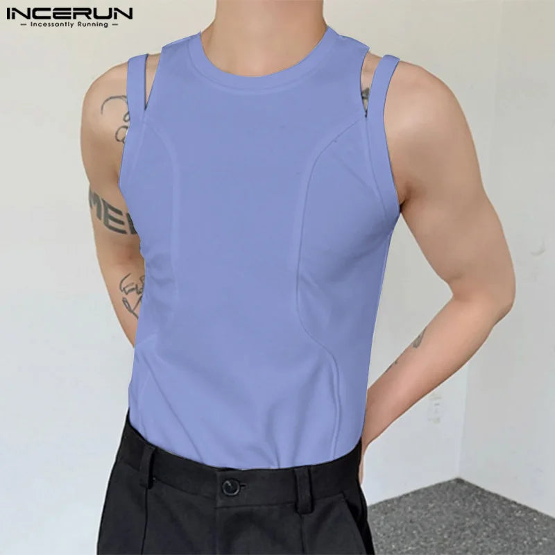 INCERUN Tops 2024 Koreanischen Stil Männer Solide Strick Hohl Design Westen Casual Streetwear Einfache Männliche Ärmellose Tank Tops S-5XL