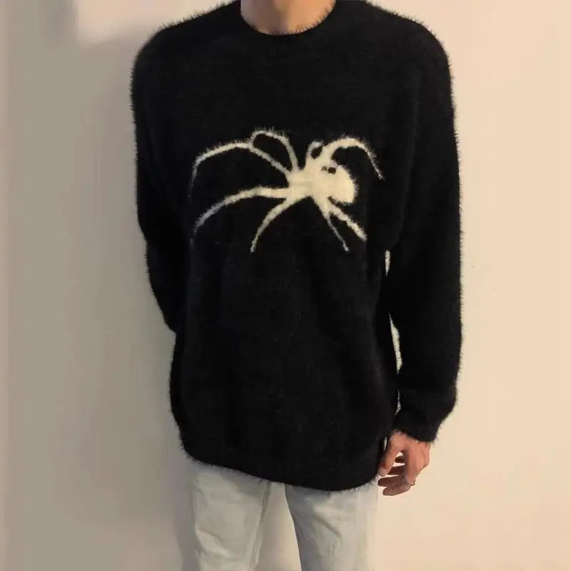 HOUZHOU Spider Mohair Sweaters Men Korean Warm Knitting Autumn Winter Loose Casual Long Sleeve Pullovers Fleece Streetwear