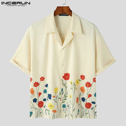 2023 Hommes Chemise Fleur Impression Revers Manches Courtes Lâche Été Streetwear Hommes Vêtements Style Coréen Chemises Décontractées S-5XL INCERUN