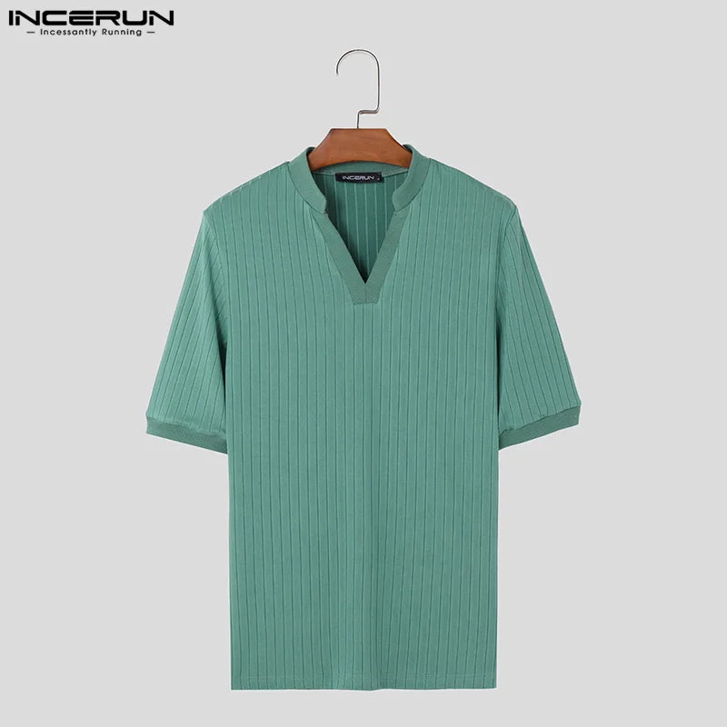 Fashion Well Fitting Tops INCERUN New Men Stand Neck Striped Camiseta Casual Simple Male Solid Short Sleeved T-shirts S-5XL 2024