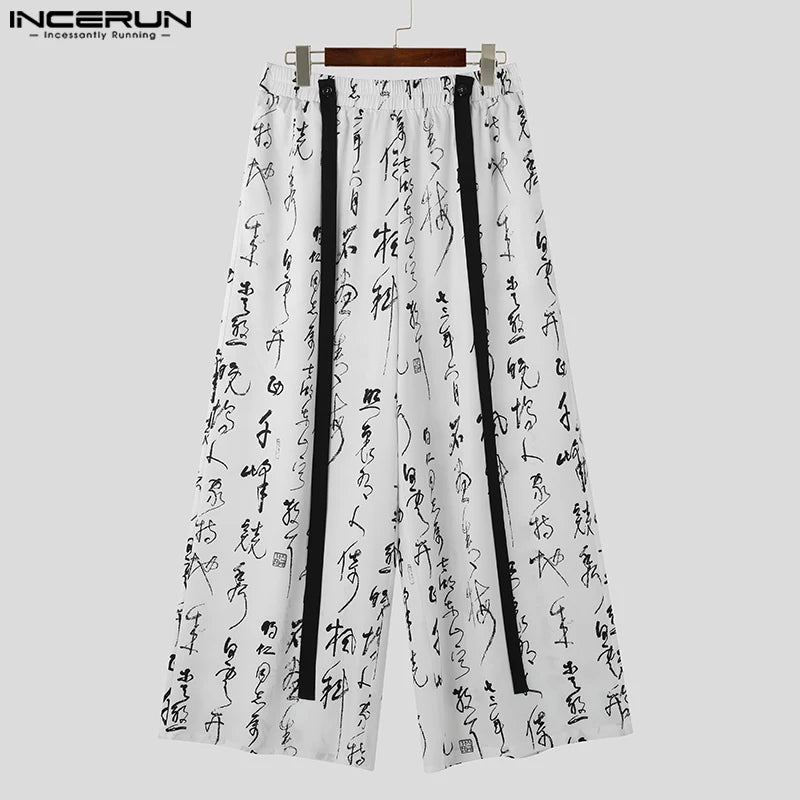 INCERUN 2023 Pantalons de style chinois pour hommes Mode Art Word Imprimé Pantalons à jambes larges Pantalons décontractés Streetwear Pantalons à jambe droite S-5XL