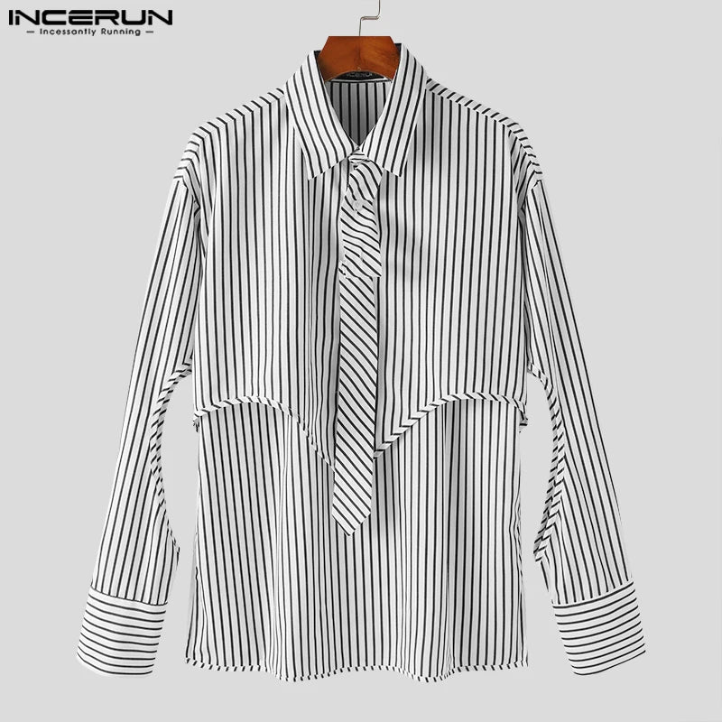 Sexy Casual Style Tops INCERUN Handsome Men Cropped Hollow Design Shirts Fashion Irregular Hem Striped Long Sleeved Blouse S-5XL