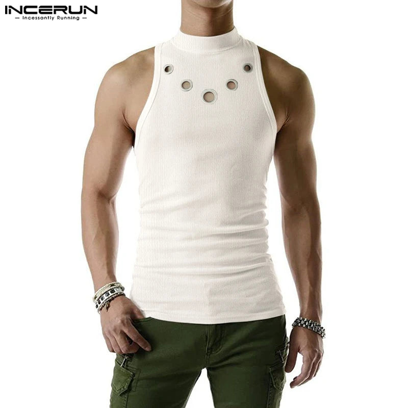 INCERUN Tops 2023 American Style New Men's Half High Collar Mesh Hollowed Tank Tops Leisure Sports Solid Color Knit Vests S-5XL