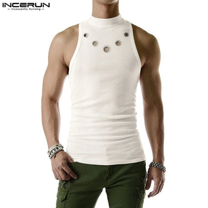 INCERUN Tops 2023 Amerikanischer Stil Neue Herren Halbhoher Kragen Mesh Ausgehöhlte Tank Tops Freizeit Sport Einfarbig Strickwesten S-5XL