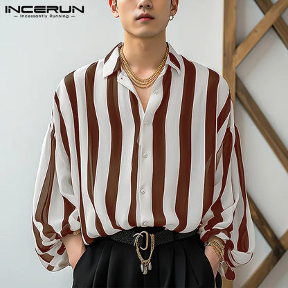 2024 Men Striped Shirt Lapel Long Sleeve Button Loose Streetwear Casual Men Clothing Korean Style Fashion Shirts INCERUN S-5XL