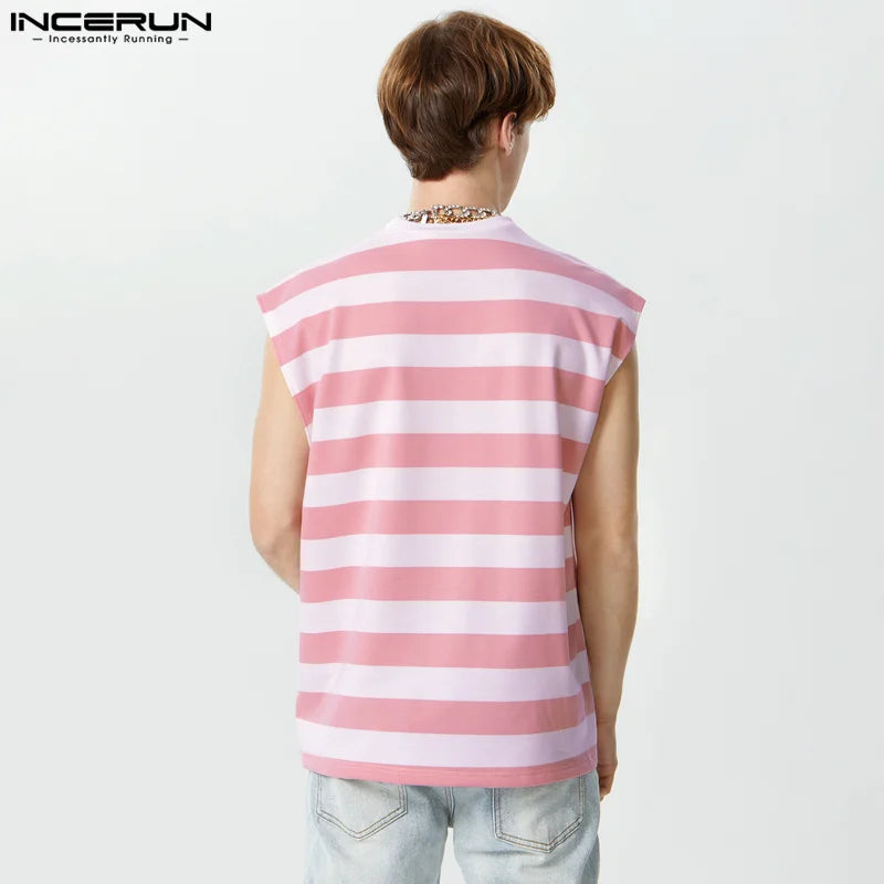 INCERUN Tops 2023 Korean Style Handsome Men's Hot Selling Striped Layered Design Vests Casual Street Male O-neck Tank Tops S-5XL