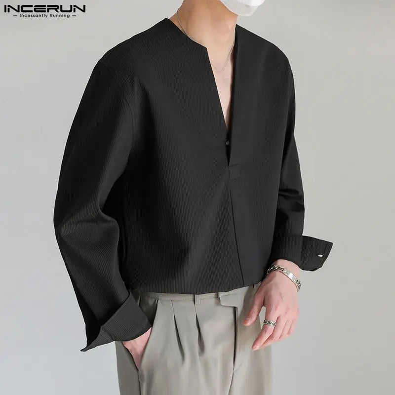 2023 mode Männer Hemd Einfarbig Lose V-ausschnitt Langarm Männer Kleidung Streetwear Koreanischen Stil Casual Shirts Männer S-5XL INCERUN