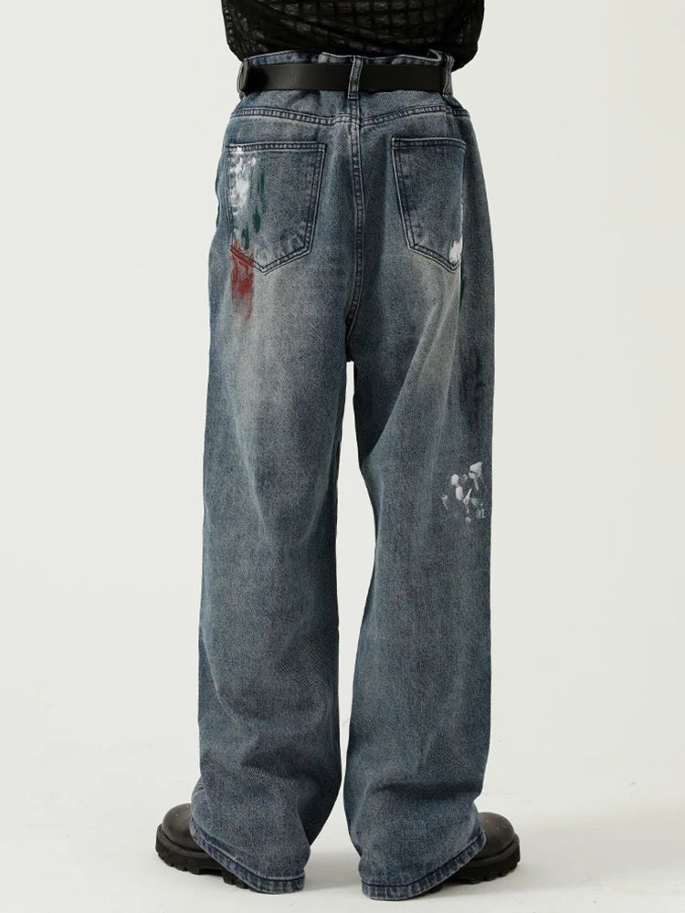 HOUZHOU Übergroße Jeans mit Grafik Y2k Herren zerrissene Jeanshose mit Aufdruck Blue Denim Hose Männlich Punk Japanische Streetwear Hip Hop