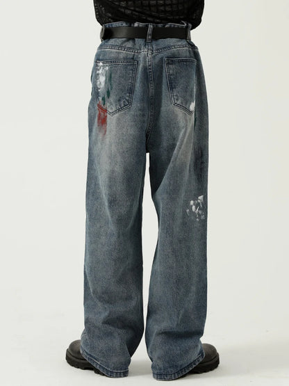 HOUZHOU Übergroße Jeans mit Grafik Y2k Herren zerrissene Jeanshose mit Aufdruck Blue Denim Hose Männlich Punk Japanische Streetwear Hip Hop