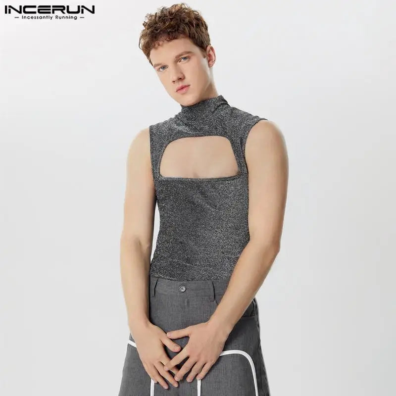 Sexy Stylish Style Tops INCERUN New Men's Glitter Fabric Hollow Vests Leisure Clubwear Half High Neck Sleeveless Tank Tops S-5XL